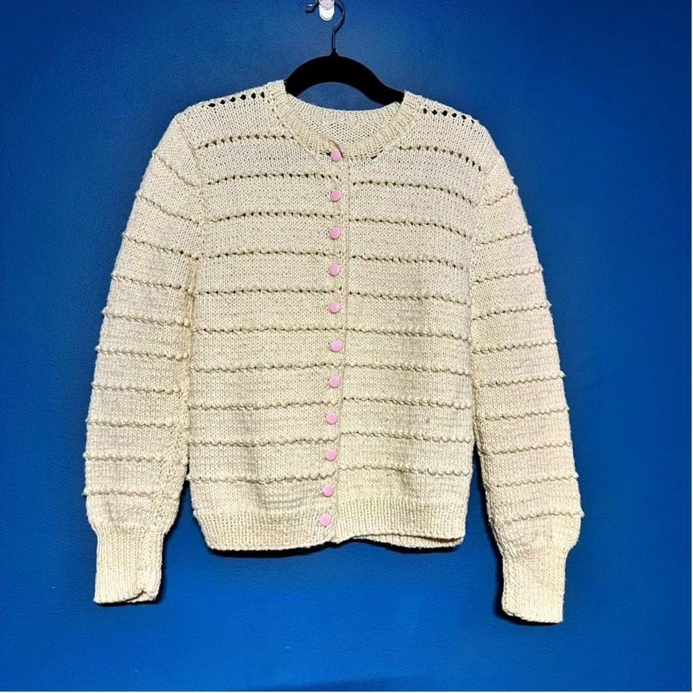 Vintage Handmade Cardigan Women's Size Small Cream Pink Crewneck Knit Coquette